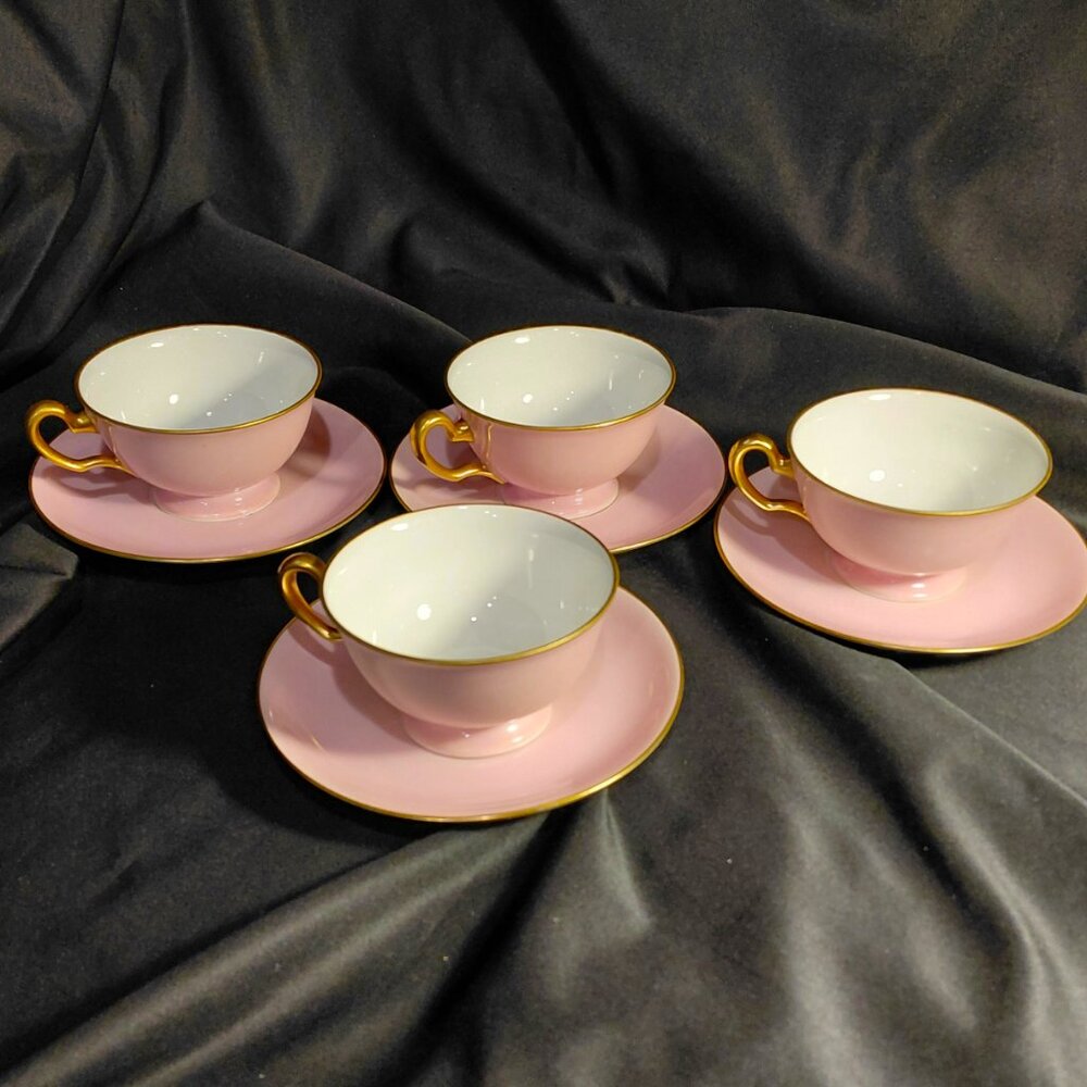 FOUR Vintage Okura,  "Iromaki Pink" pattern saucers &  teacups  Made in Japan
